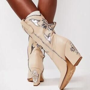 Free People Beige Western-Inspired Heeled Boots with Silver Accents